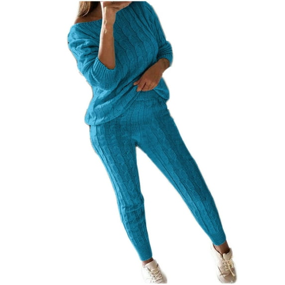 Women's Casual Knit 2 Piece Outfits Crewneck Long Sleeve Sweater Pullover Top and Skinny Pants Sets Loungewear