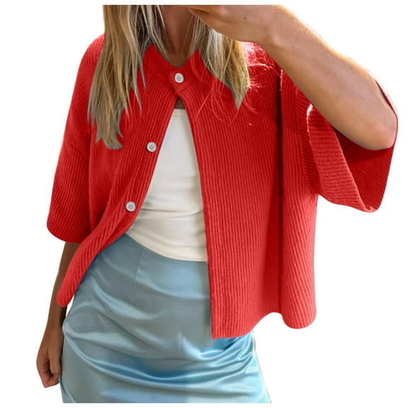 Women's Casual Knit Cardigan Short Sleeve Button Down Sweater Soft Comfortable Lightweight Half Neck Solid Color