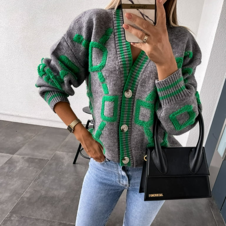 Women s Casual Knit Cardigan Sweater V Neck Drop Shoulder Retro Pattern Button Up Loose Sweater Outerwear Coat