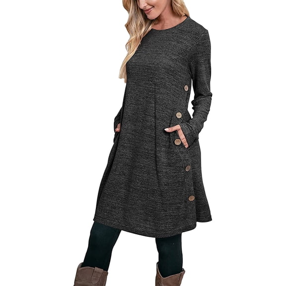 Women's Casual Knit Dress Round Neck Long Sleeve A Line Fashion Pocket Stylish Comfortable Elegant Daily Wear Soft Stretchy Lightweight Trendy Outfit