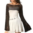 thumbnail image 1 of Women's Casual Knit Hollow Out Pullover Short Bell Sleeve Off-Shoulder Loose Knit Sweater, 1 of 8