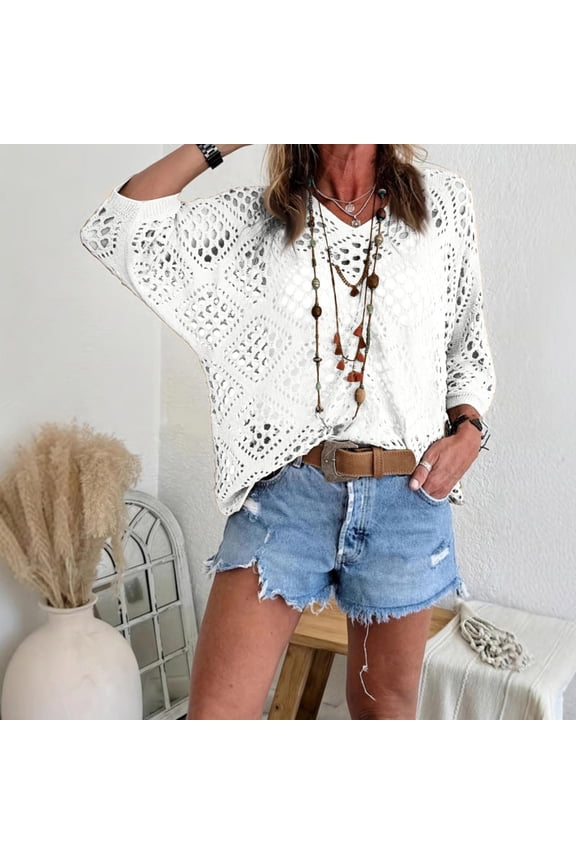 Women’s Casual Knit Pullover Hollow-Out 3/4 Batwing Sleeve Lightweight and Comfortable Boho Chic Summer Sweater