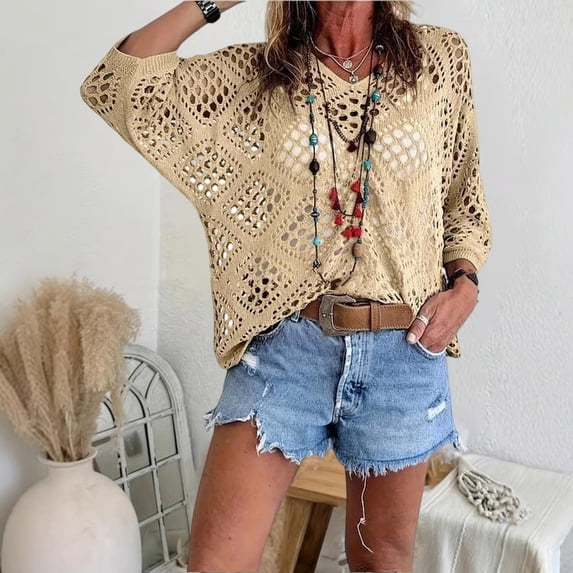 Women’s Casual Knit Pullover Hollow-Out 3/4 Batwing Sleeve Lightweight and Comfortable Boho Chic Summer Sweater