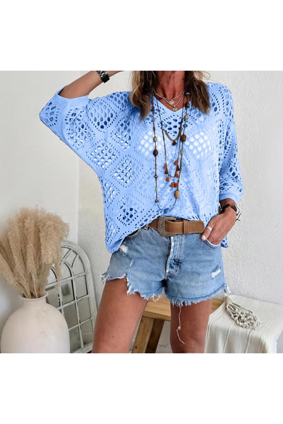 Women’s Casual Knit Pullover Hollow-Out 3/4 Batwing Sleeve Lightweight and Comfortable Boho Chic Summer Sweater