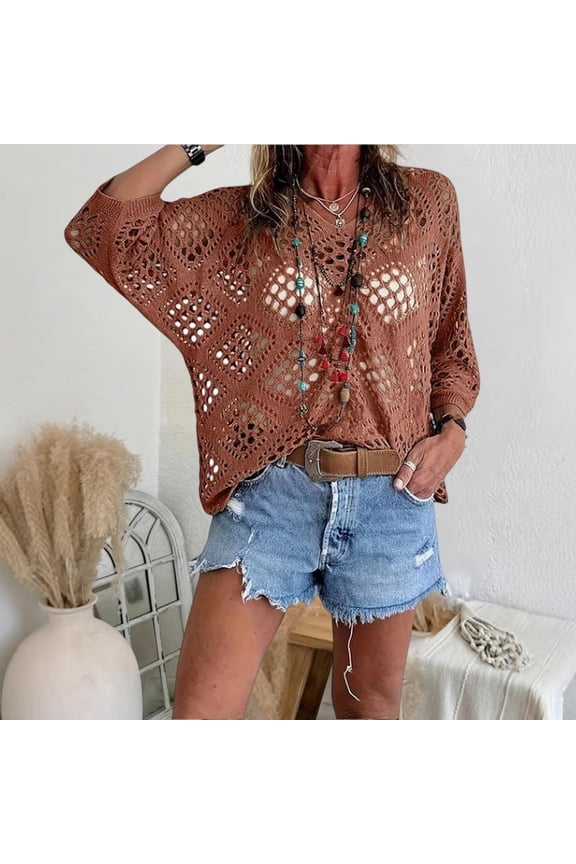 Women’s Casual Knit Pullover Hollow-Out 3/4 Batwing Sleeve Lightweight and Comfortable Boho Chic Summer Sweater