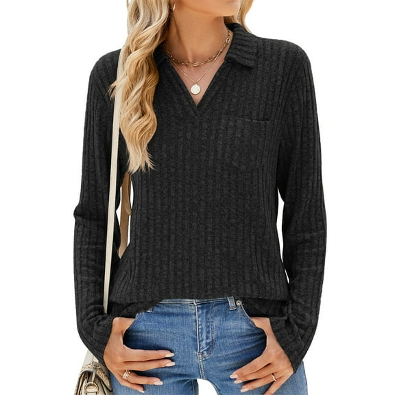 Women’s Casual Knit Pullover Top, Long Sleeve Ribbed Solid Color Shirt with Collar and Pocket, Soft Lightweight Sweater for Daily and Work Outfits Black