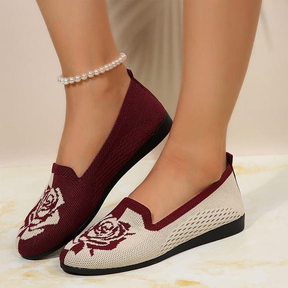 Women's Casual Knit Rose Embroidery Walking Shoes, Breathable Flat Design with Lightweight Sole and Cushion Comfort, Slip on Sneakers for Daily Wear