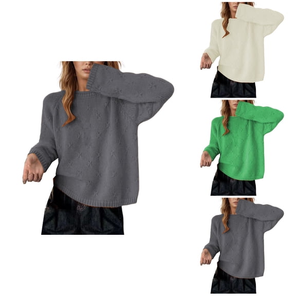 Women's Casual Knit Sweater – Batwing Sleeve Pullover Crewneck Loose Fit Top with Crochet Detail, Soft Yarn Long Sleeve Thermal for Fall Winter 2025