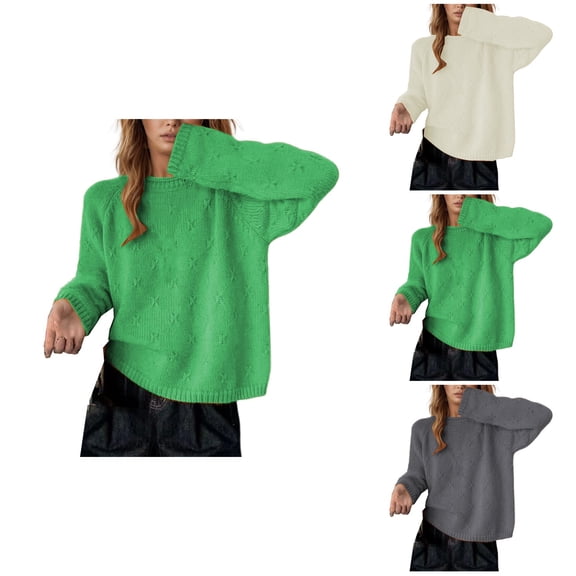 Women's Casual Knit Sweater – Batwing Sleeve Pullover Crewneck Loose Fit Top with Crochet Detail, Soft Yarn Long Sleeve Thermal for Fall Winter 2025