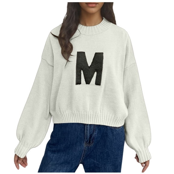 Women's Casual Knit Sweater Round Neck Pullover Top Fashion Letter Graphic Soft Comfortable Winter Warm