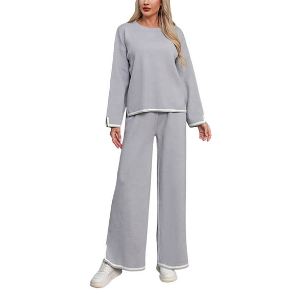Women’s Casual Knit Sweatsuit Two Piece Travel Outfit Long Sleeve Sweater Top with Side Slit and Wide Leg Lounge Pants Soft Fall Lounge Set for Relaxing or On the Go