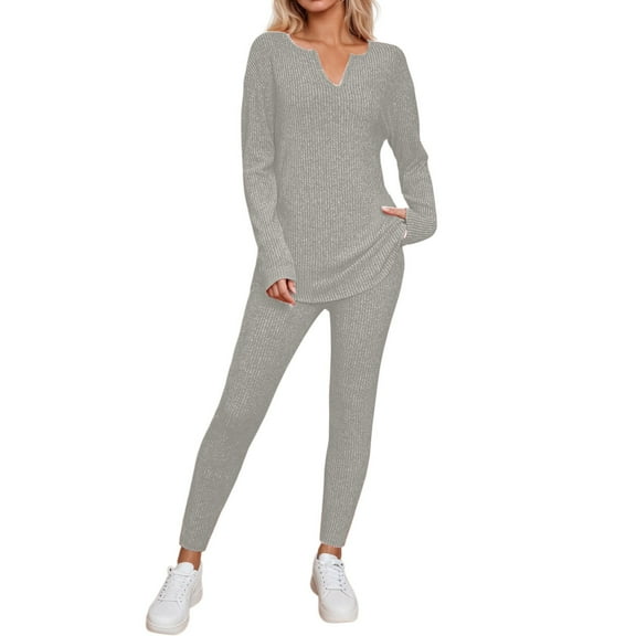 Women's Casual Knit Trousers Suit Long Sleeve V Neck Loose Fit Comfortable Outfit For Daily Wear In Autumn Winter 6 piece sleep set for women