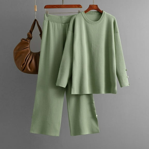 Women's Casual Knitted Outfits Long Sleeve Pullover Sweater Tops Elastic Waist Wide Leg Pants Two Piece Set New Women Cami Pajama Set Green One Size
