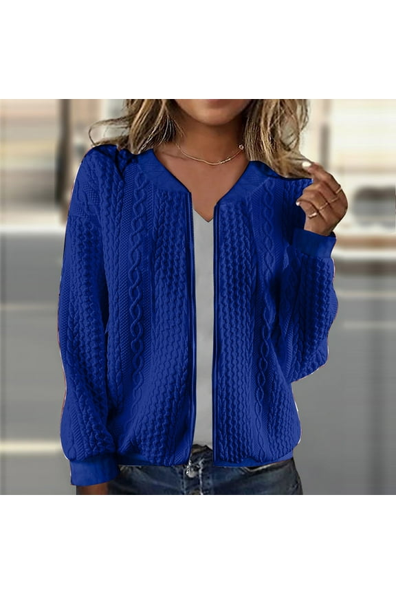 Women's Casual Knitted Sweater Jacket with Zippered Front and Solid Color Long Sleeve