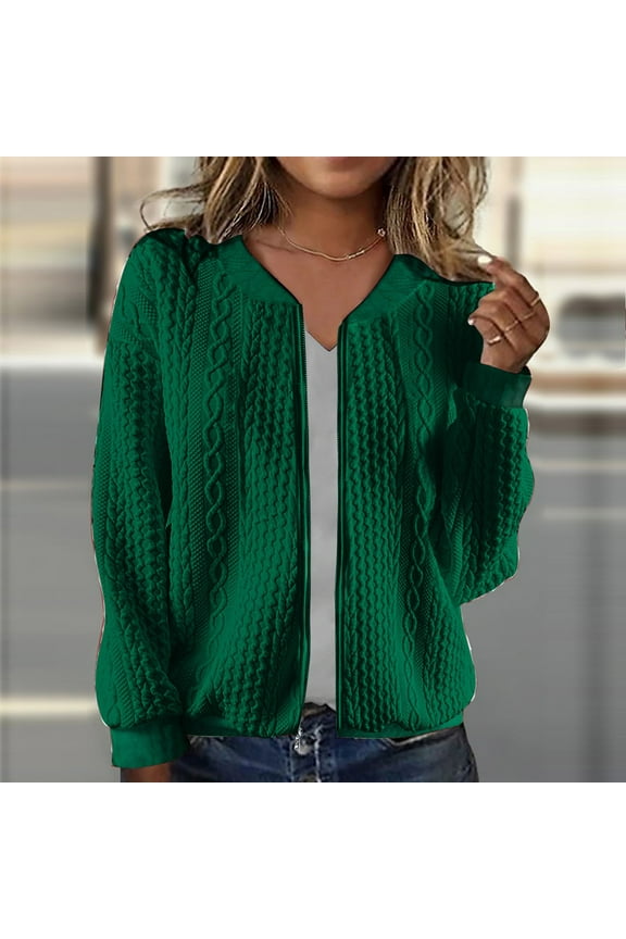 Women's Casual Knitted Sweater Jacket with Zippered Front and Solid Color Long Sleeve