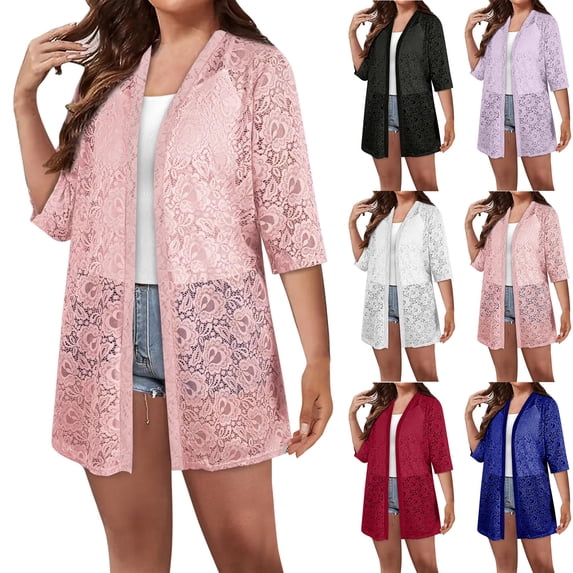 Women's Casual Lace 3/4 Sleeve Loose Fit Cardigan Blouse Top Lightweight Layering Piece for Spring Summer | CSEONE,Black L