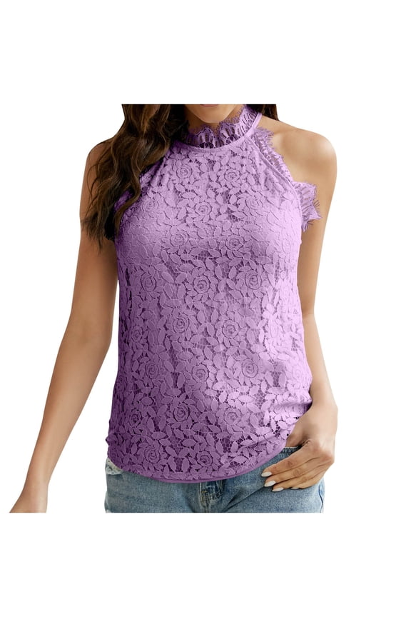Women's Casual Lace Blouse Keyhole Back Halter Top Sexy Sleeveless Nightout Choker Tops Summer Dressy Tunic Tank Tops