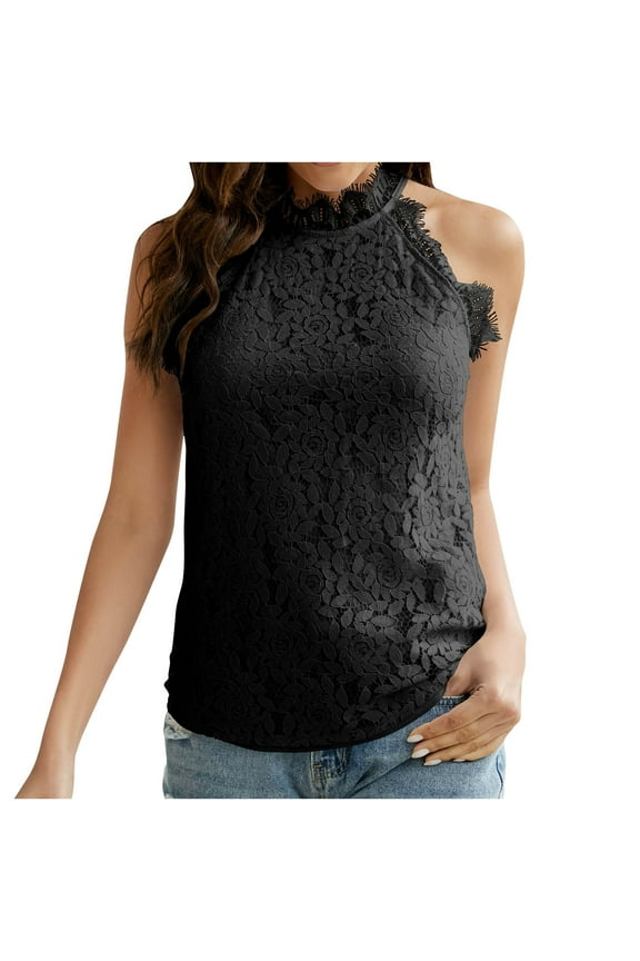 Women's Casual Lace Blouse Keyhole Back Halter Top Sexy Sleeveless Nightout Choker Tops Summer Dressy Tunic Tank Tops