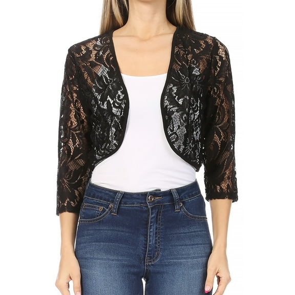 Women's Casual Lace Bolero Crochet Cardigan 3/4 Sleeve Sheer Cover Up