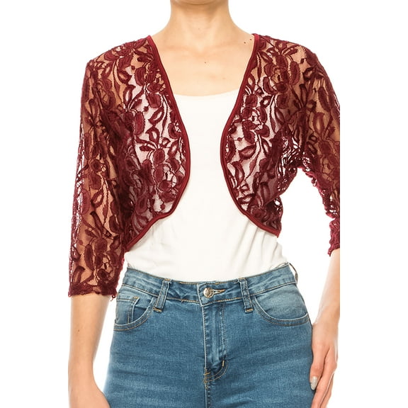Women's Casual Lace Bolero Crochet Cardigan 3/4 Sleeve Sheer Cover Up