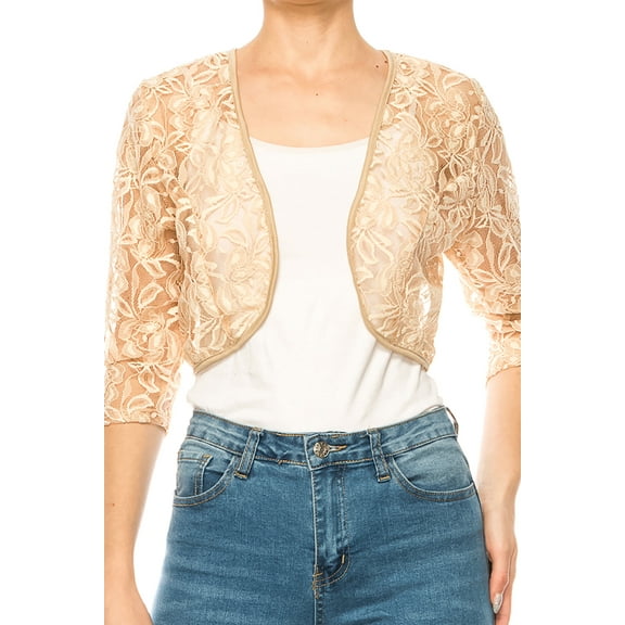 Women's Casual Lace Bolero Crochet Open Cardigan 3/4 Sleeve Sheer Cover Up Jacket