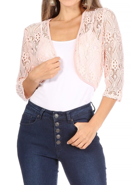 Women's Casual Lace Bolero Crochet Open Cardigan 3/4 Sleeve Sheer Cover Up Jacket