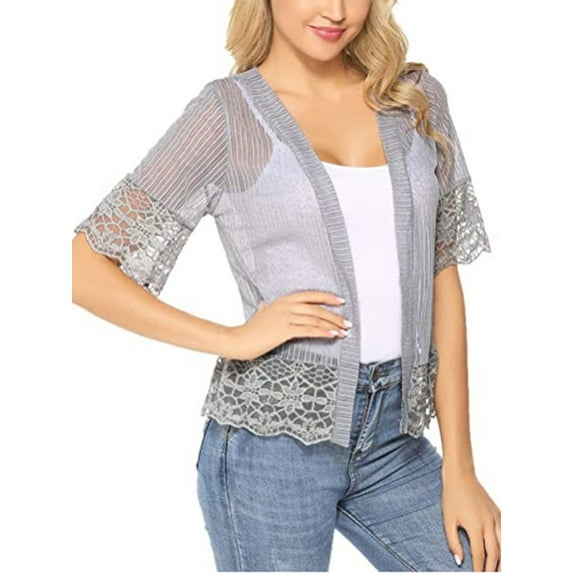 Women's Casual Lace Crochet Cardigan Short Sleeve Lace Patchwork Sheer Cover Up Jacket Open Front Bolero Shrugs