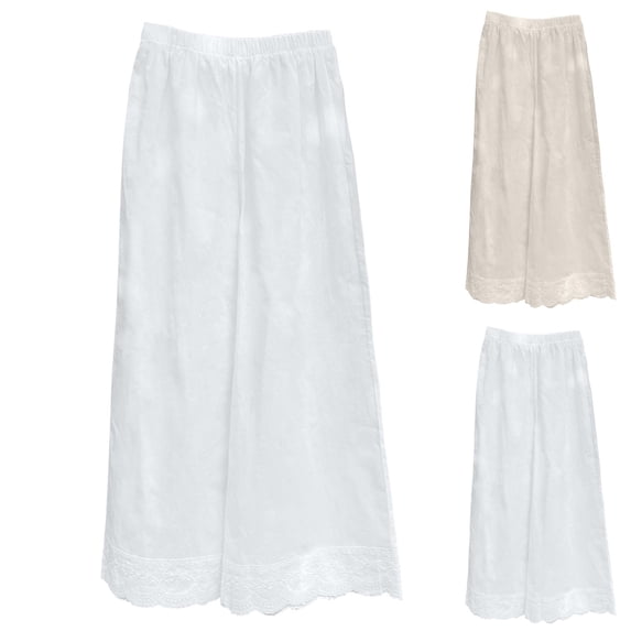 Women's Casual Lace Embroidery Wide Leg Pants, Loose Patchwork Design with Elastic Waist, Perfect for Boho Summer Outfits or Lounge Wear, Flowy | CSEONE,White L