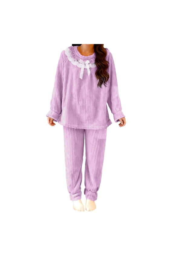 Women's Casual Lace Flannel Striped Warm Home Wear Suit