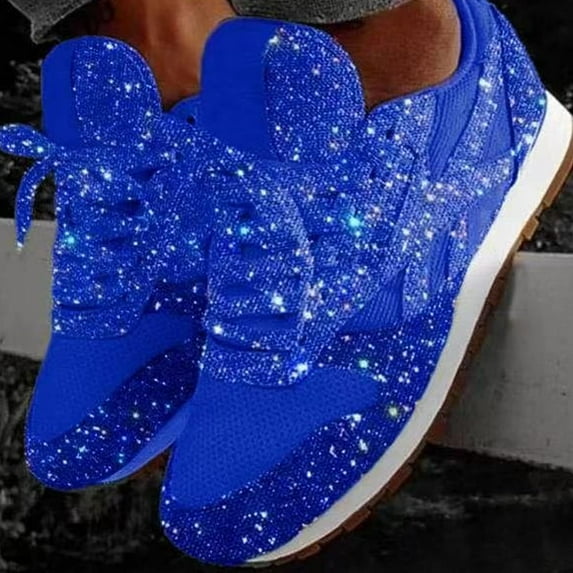 Women's Casual Lace Up Sport Shoes Breathable Crystal Bling Sneakers Glitter Tennis Sneakers Comfy Sparkly Rhinestone Running Shoes Shiny Sequin Flat Heel Shoes