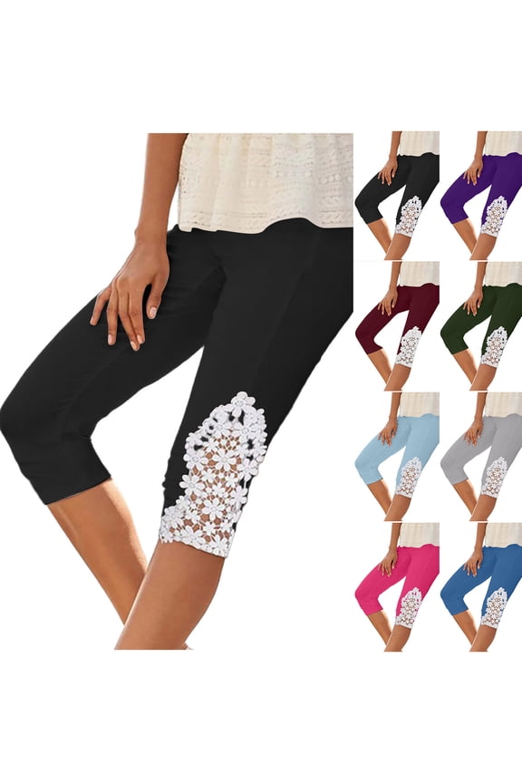 Women's Casual Lace Stitching 3/4 Pants, Soft Polyester Blend, Flowy Straight Leg Silhouette, Elastic Mid Waist, Flattering Relaxed Fit, Breathable Lightweight Fabric, | TruBelle,Purple 2XL