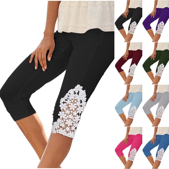 Women's Casual Lace Stitching 3/4 Pants, Soft Polyester Blend, Flowy Straight Leg Silhouette, Elastic Mid Waist, Flattering Relaxed Fit, Breathable Lightweight Fabric, | TruBelle,Black 2XL
