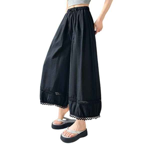 Women's Casual Lace Trim Wide Leg Pants Comfortable Flowy Boho Cropped Trousers For Everyday Wear And Home Relaxation