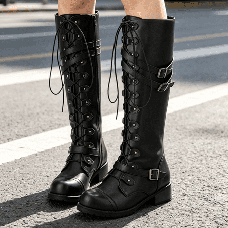 KEVCHE Women's Casual Lace Up Knee High Boots, Round Toe Double Belt Buckle Design with Breathable Lining, Trendy Boots for Daily Leisure Gift