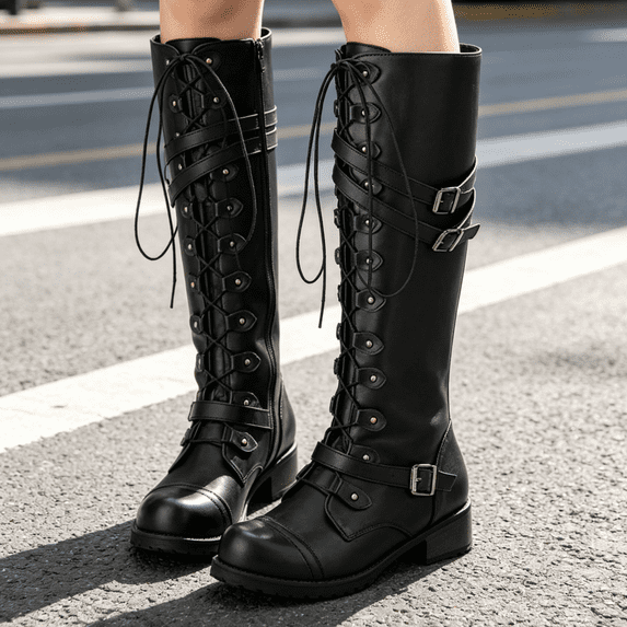 Women's Casual Lace Up Knee High Boots, Round Toe Double Belt Buckle Design with Breathable Lining, Trendy Boots for Daily Leisure Gift