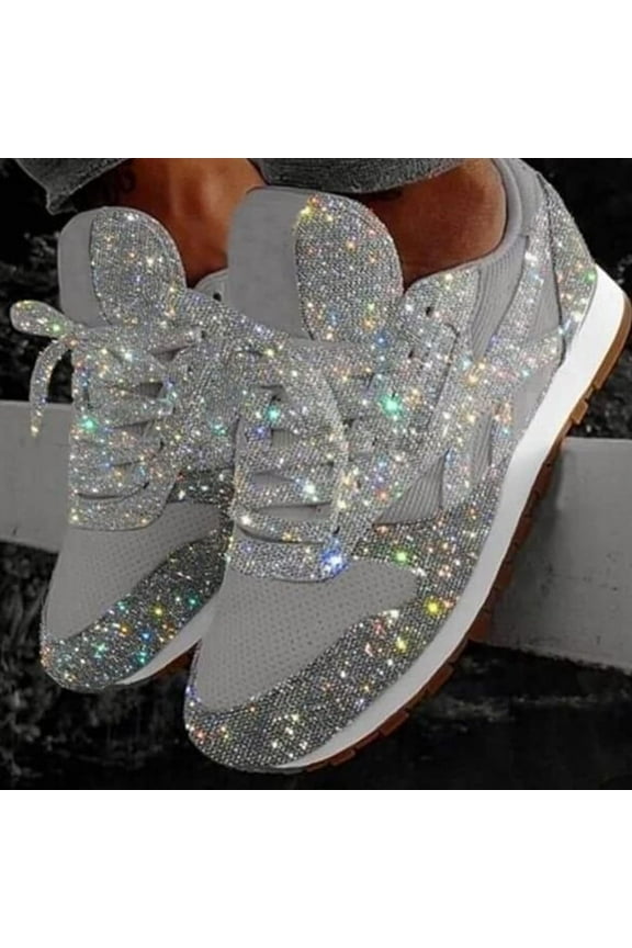 Women's Casual Lace Up Sneakers Breathable Crystal Sparkling Sneakers Comfortable Sparkling Rhinestone Flat Heels