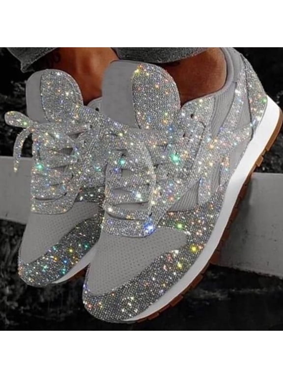 Women's Casual Lace Up Sneakers Breathable Crystal Sparkling Sneakers Comfortable Sparkling Rhinestone Flat Heels
