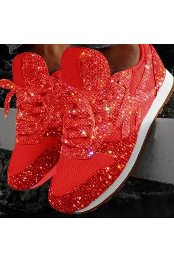 Women's Casual Lace Up Sneakers Breathable Crystal Sparkling Sneakers Comfortable Sparkling Rhinestone Flat Heels