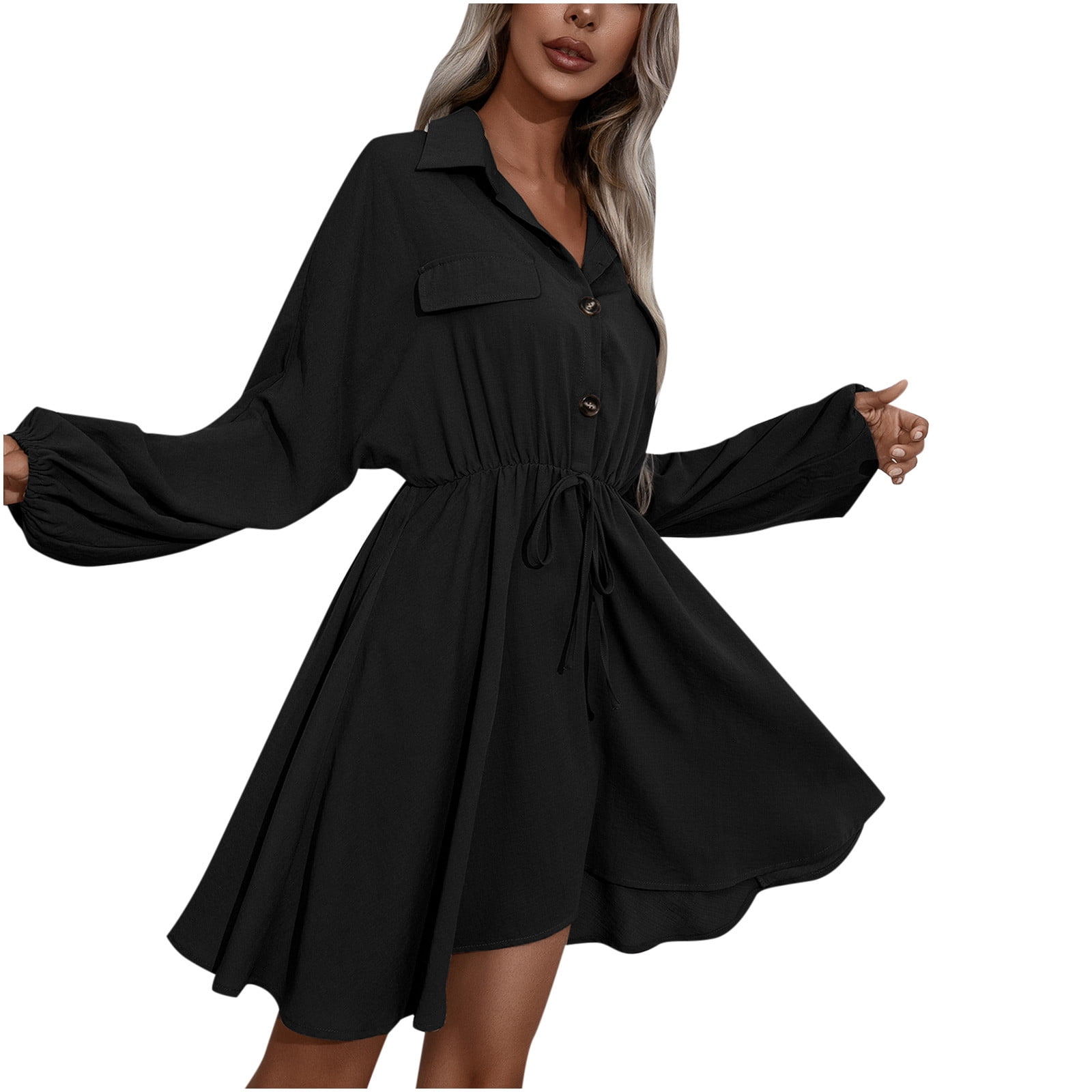 Women's Casual Lace Up Waist Solid Color Ruffle Hem Button Slim Long Sleeve V-Neck Plus Size Dress for Fall Casual Fall Dresses
