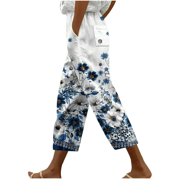 Women's Casual Lantern Harem Loose Capri Pants Trendy Floarl High Waisted Drawstring Printed Bohemian Capris Trousers