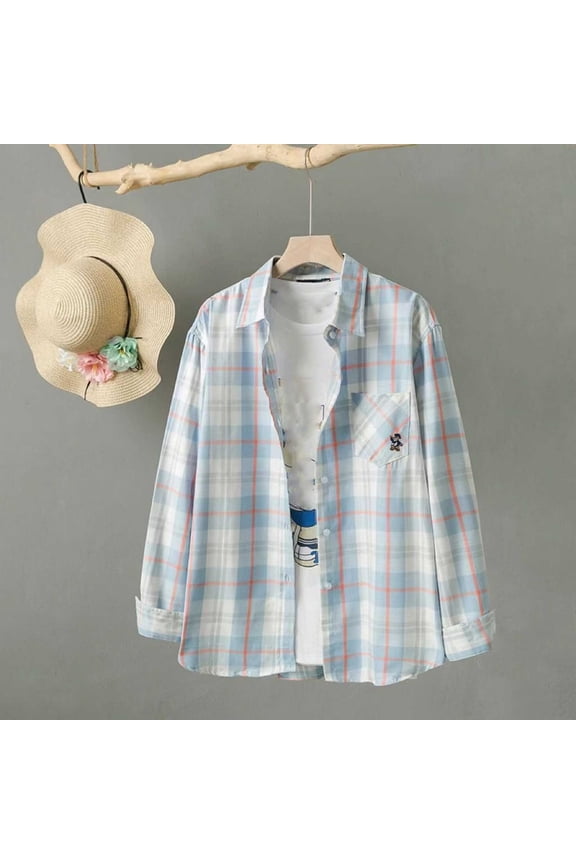 Women's Casual Lapel Button Down Long Sleeve Shirt Top Blouse, Plaid Checkered Flannel Loose Fit, Business Casual Work Office Vacation Travel Fashion Essential for Women | CSEONE,Light Blue XL
