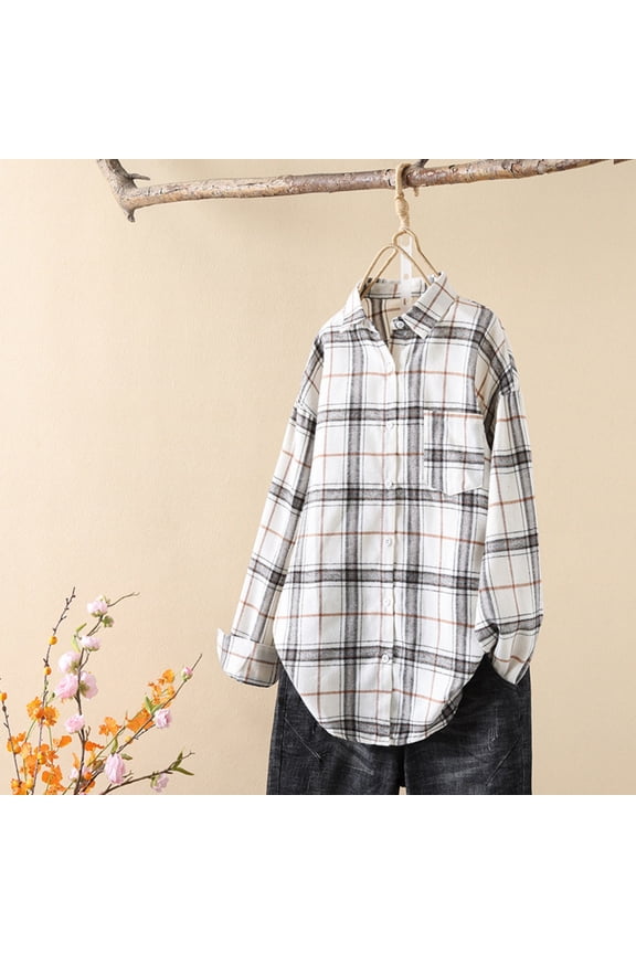 Women's Casual Lapel Button Pocket Plaid Long Sleeved Shirt Top Jacket Blouse, Loose Fit Button Down Work Office, Fall Winter Fashion Gift for Women | CSEONE,White L