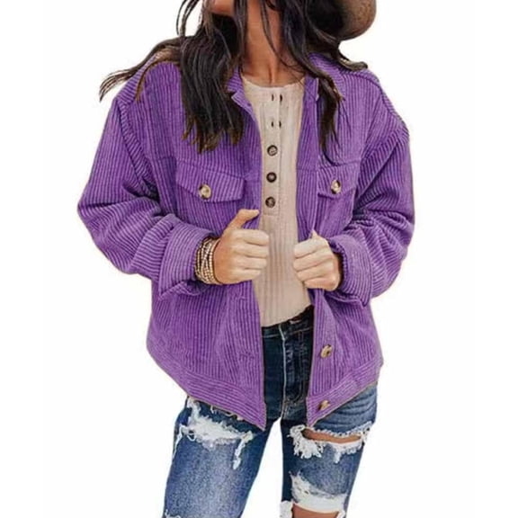 Women's Casual Lapel Loose Button Down Long Sleeve Corduroy Jacket with Pockets
