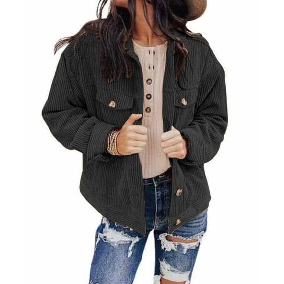 Women's Casual Lapel Loose Button Down Long Sleeve Corduroy Jacket with Pockets