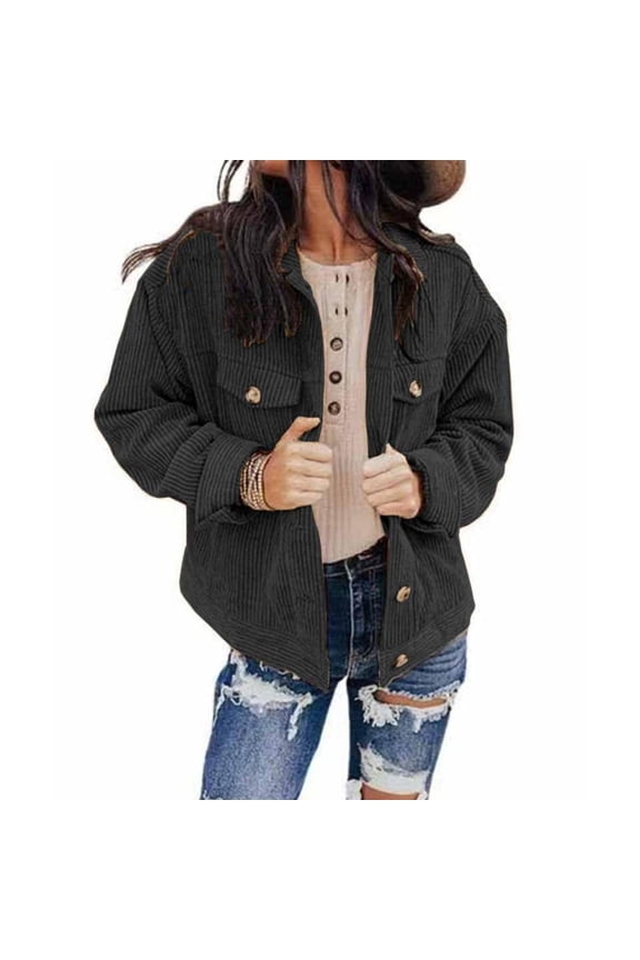 Women's Casual Lapel Loose Button Down Long Sleeve Corduroy Jacket with Pockets
