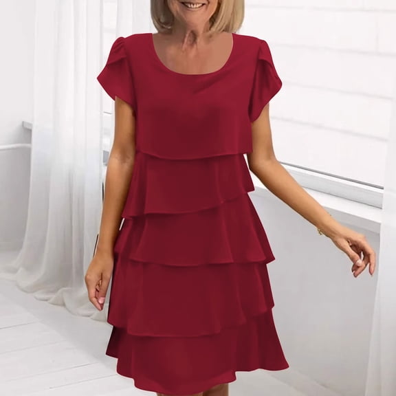Women's Casual Layered Cake Skirt Dress with Petal Sleeves and Round Neck for Spring and Fall