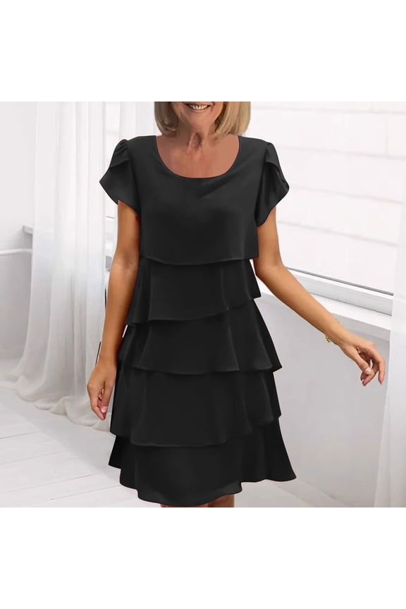 Women's Casual Layered Cake Skirt Dress with Petal Sleeves and Round Neck for Spring and Fall