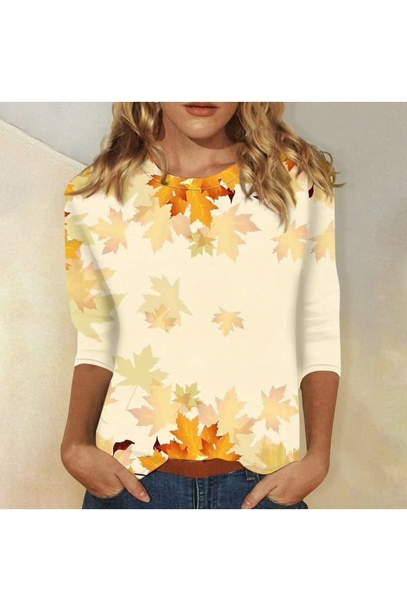 Women's Casual Leaf Print 3/4 Sleeve Blouse Soft Lightweight Top for Spring and Summer Fashion Basic Tee Tops