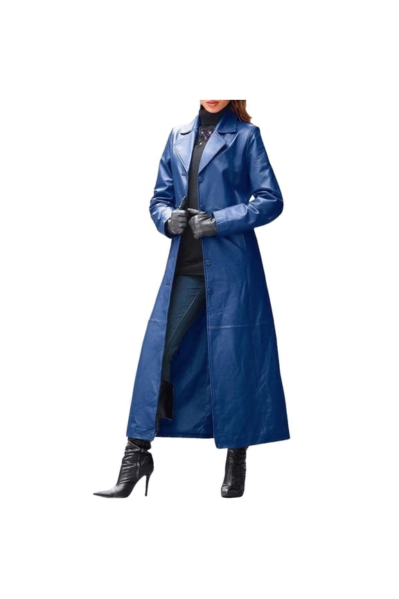 Women's Casual Leather Trench Coat with Notch Lapel and Button Down Design for Stylish Outerwear