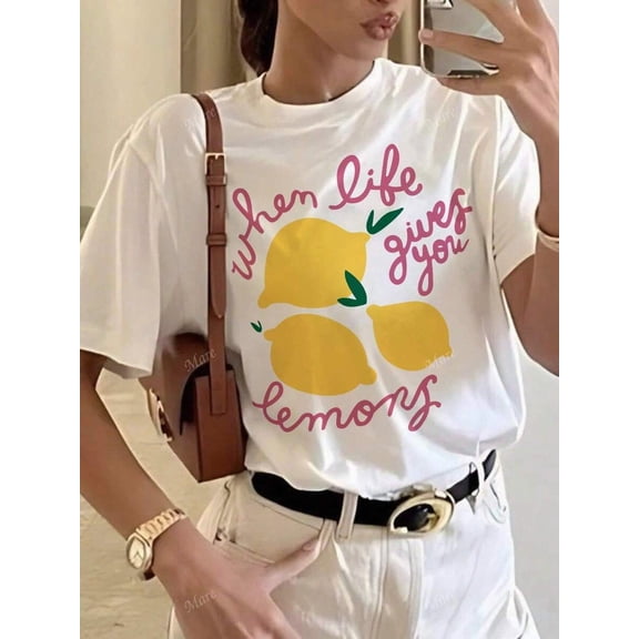 Women's Casual Lemon Graphic Letter Print Round Neck Short Sleeve T-Shirt, Summer